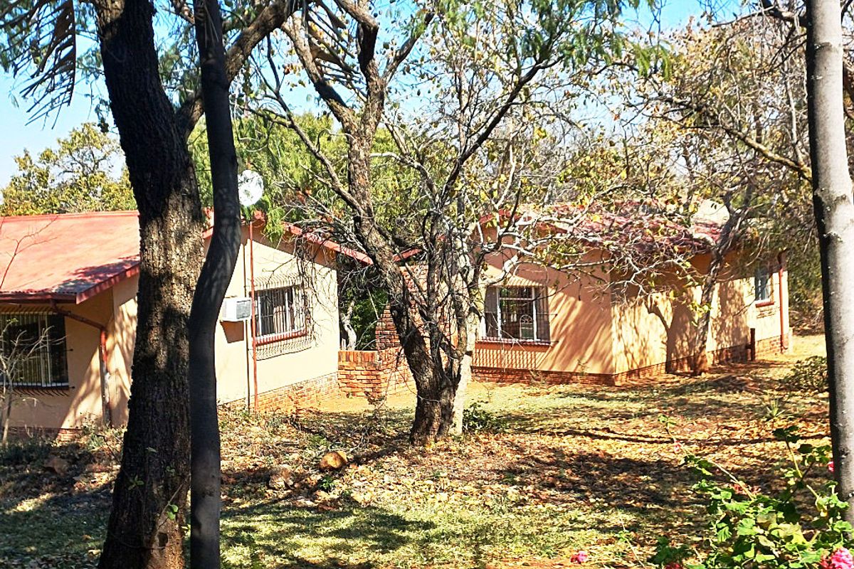 Rear view of the farm dwelling featuring a metal roof, brick foundation, and security bars on the windows, surrounded by mature trees.