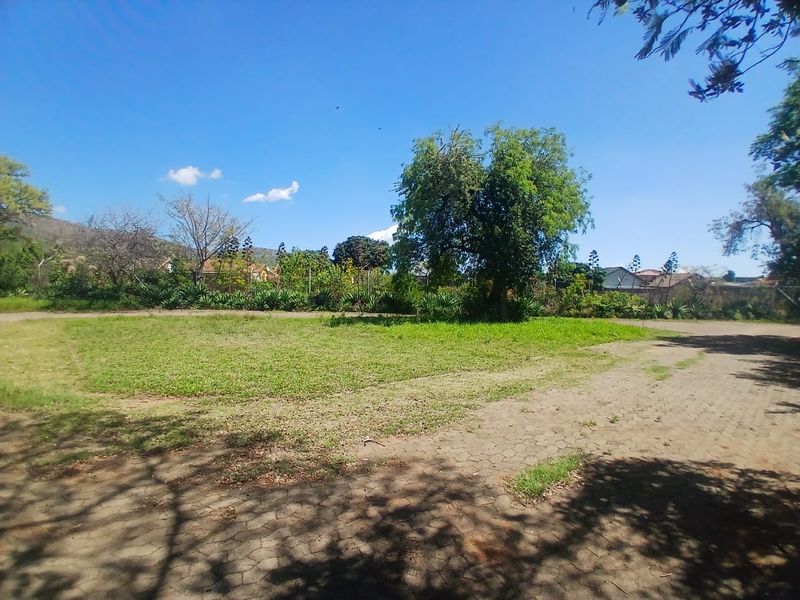 A spacious outdoor area featuring a paved driveway, established lawn, and mature trees, enclosed by perimeter fencing.