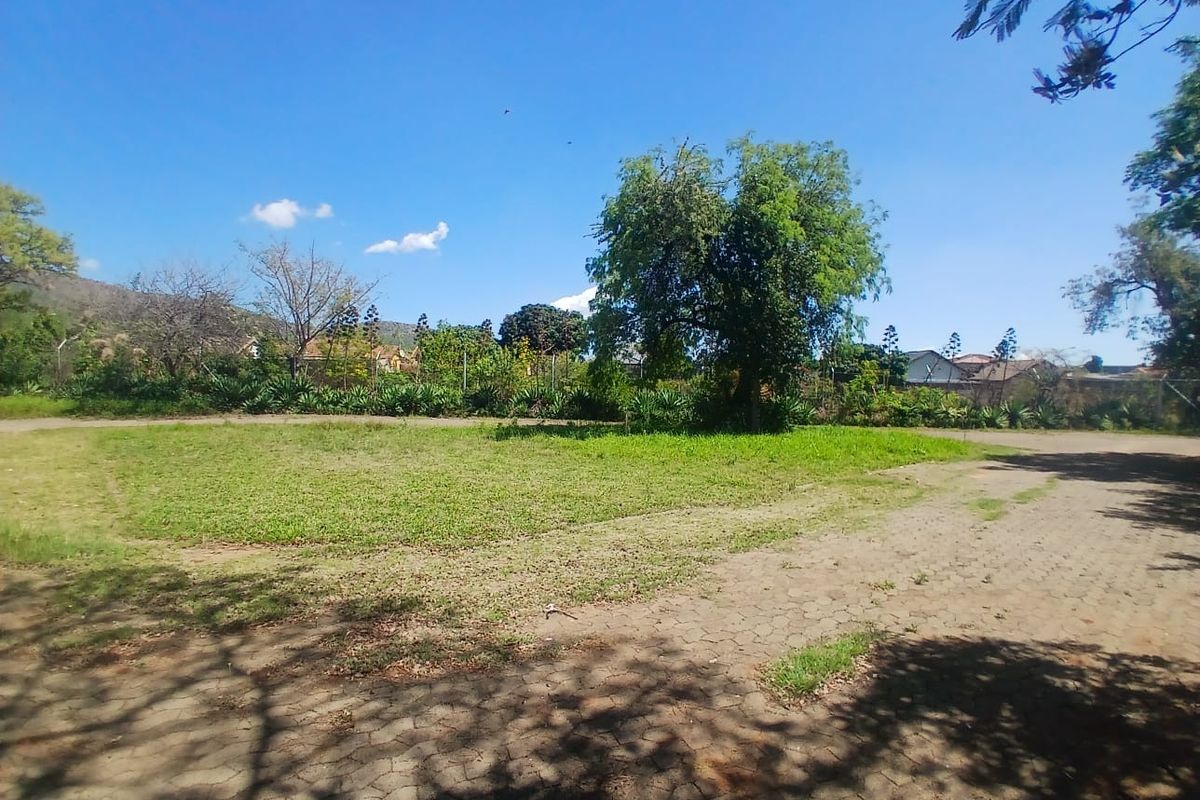 A spacious outdoor area featuring a paved driveway, established lawn, and mature trees, enclosed by perimeter fencing.