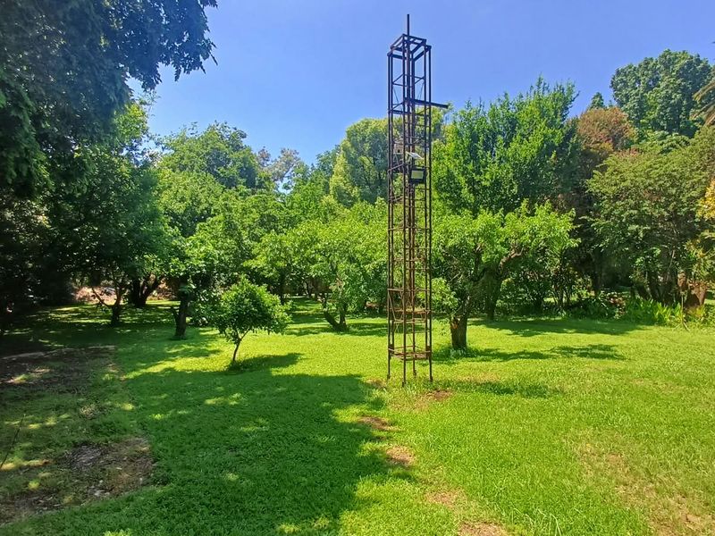 A spacious, lush green garden area featuring mature trees and a central metal tower structure on the farm property.