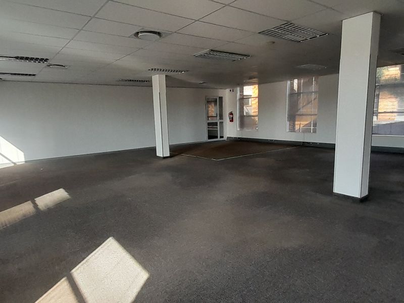 A spacious, empty open-plan office area featuring large windows, suspended ceilings with recessed lighting, and carpeted flooring, ready for custom fit-out.