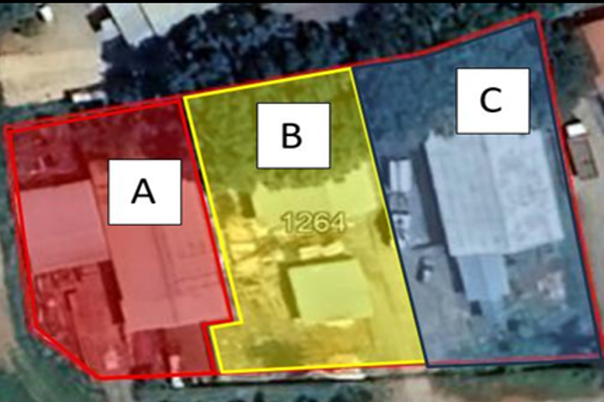 Aerial view of an industrial property site showing three distinct warehouse or workshop building zones labeled A, B, and C.