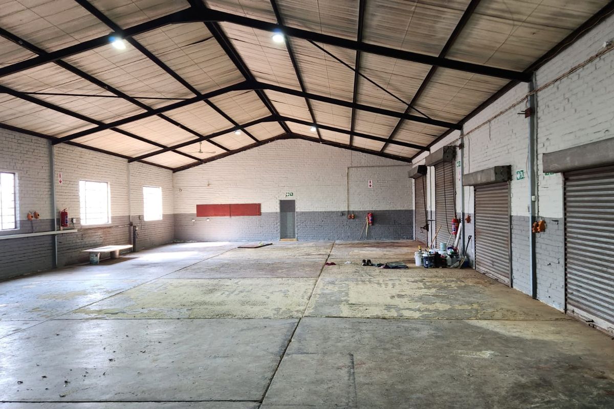 Spacious industrial warehouse featuring high ceilings with exposed steel trusses, concrete flooring, and multiple roller shutter doors for easy access.