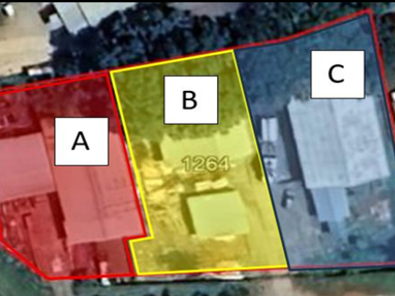 Aerial view of an industrial property site showing three distinct warehouse or workshop building zones labeled A, B, and C.