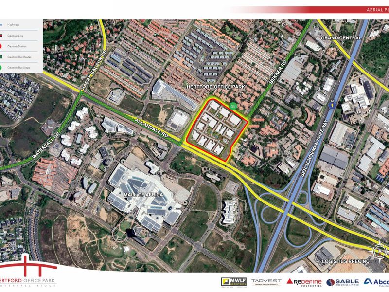Aerial map showing the location of Hertford Office Park in relation to major roads, the Gautrain route, and the Mall of Africa.
