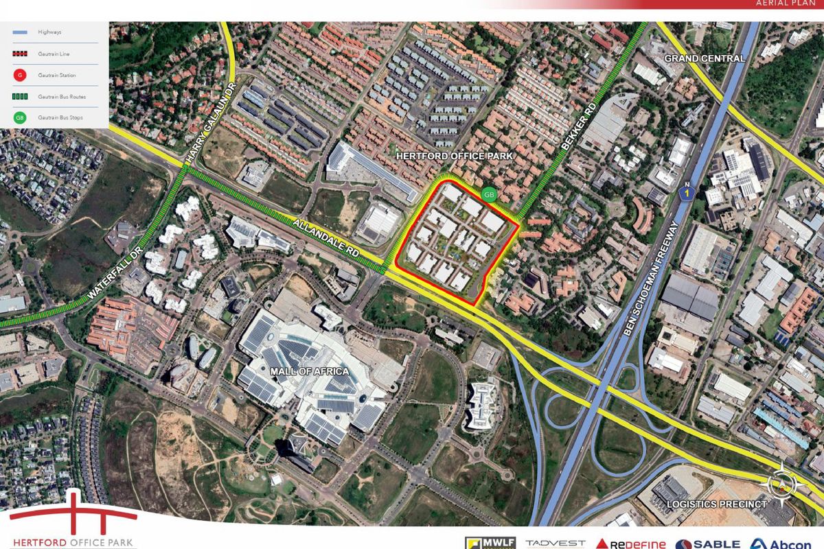 Aerial map showing the location of Hertford Office Park in relation to major roads, the Gautrain route, and the Mall of Africa.