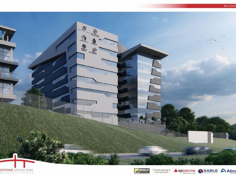 A modern multi-story office building featuring contemporary architectural design, glass curtain walls, and professional corporate branding.