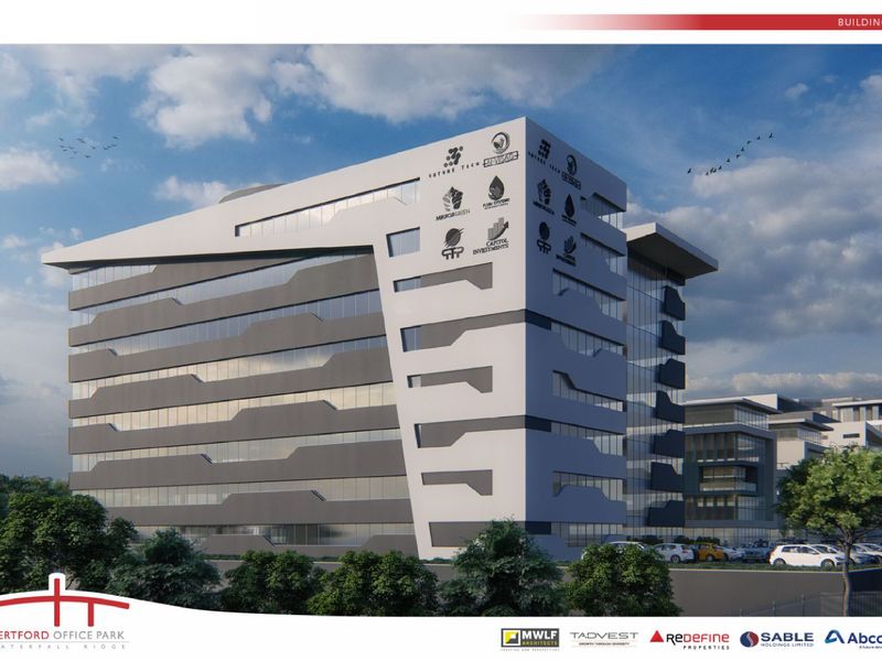 A modern multi-story office building facade featuring contemporary architectural cladding and extensive glass curtain walling at Hertford Office Park.