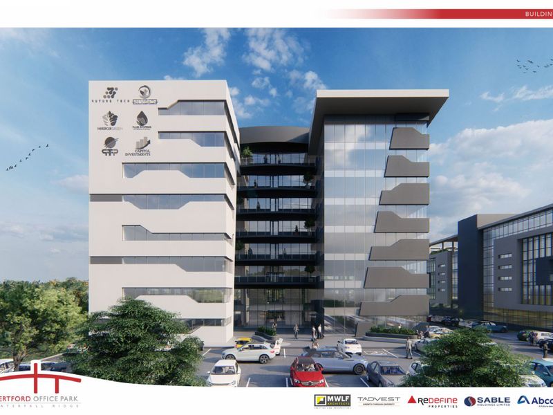 A modern multi-story office building facade featuring glass curtain walls and a dedicated parking area at the entrance.