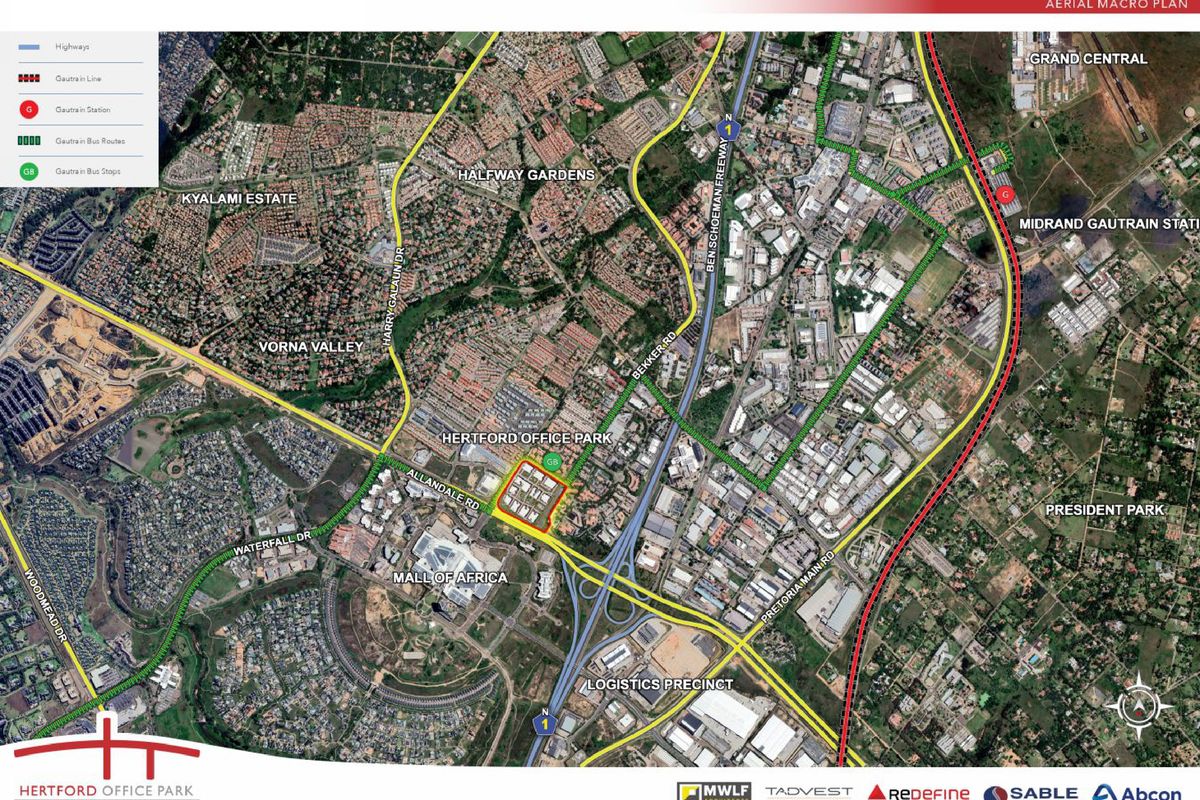 Aerial macro plan showing the location of Hertford Office Park in relation to surrounding infrastructure, highways, and transport links.