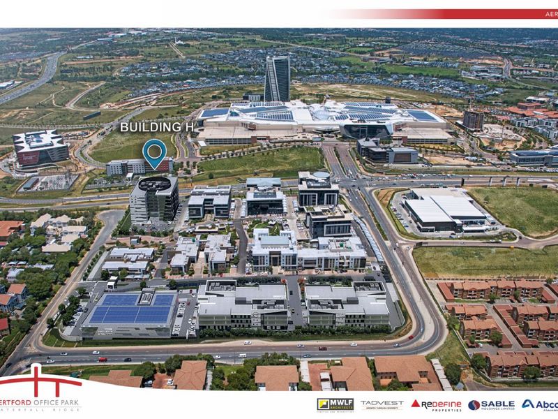 Aerial view of Hertford Office Park, showcasing the modern office complex layout, surrounding infrastructure, and proximity to major commercial developments.