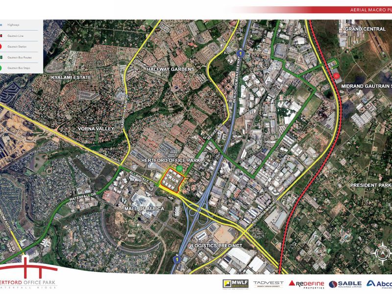 Aerial macro plan showing the location of Hertford Office Park in relation to surrounding infrastructure, highways, and transport links.