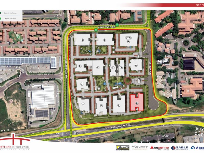 An aerial site plan of Hertford Office Park, detailing the layout of office buildings, parking, and surrounding road infrastructure.