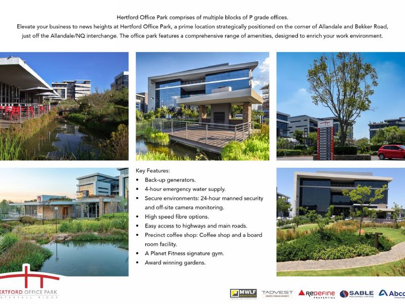 A promotional collage showcasing the exterior architecture, landscaped gardens, and water features of the Hertford Office Park.