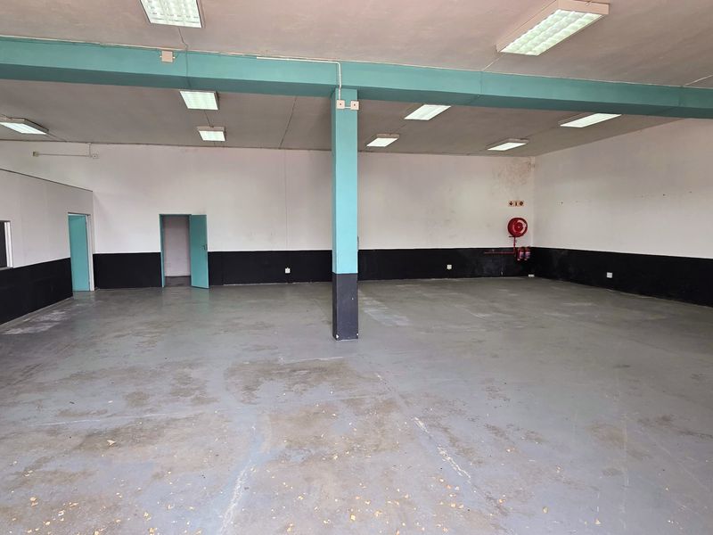 A spacious, open-plan industrial utility area featuring painted concrete flooring, structural support columns, and integrated fluorescent lighting, suitable for various commercial or storage uses.