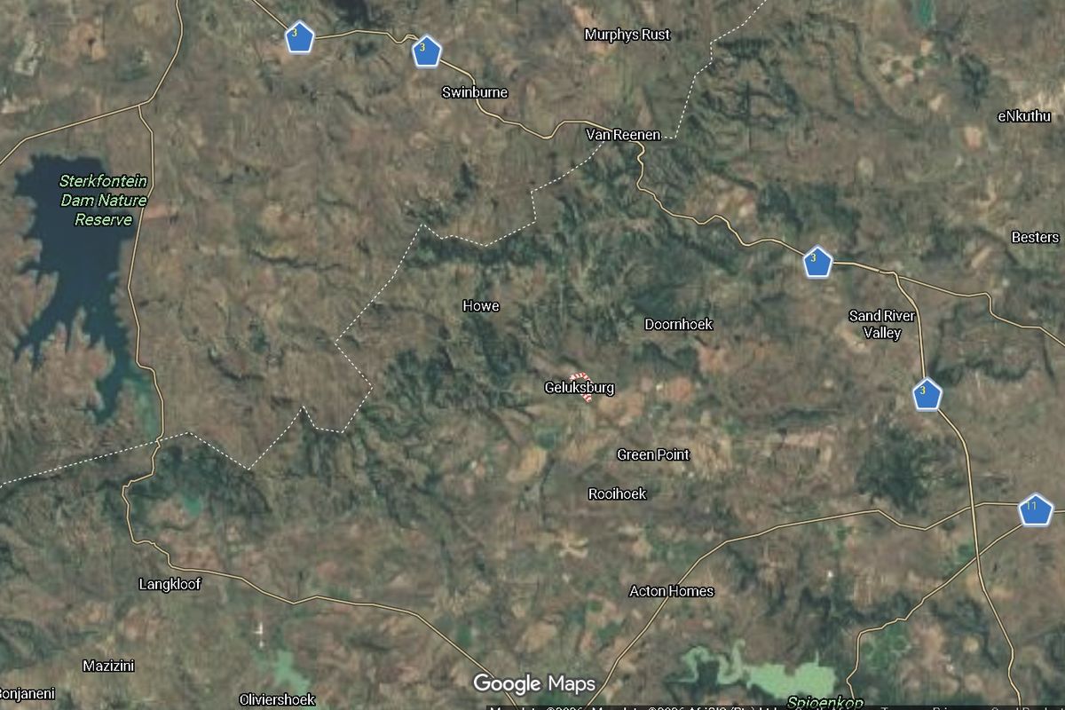 An aerial map view showing the regional landscape and surrounding areas near Geluksburg.