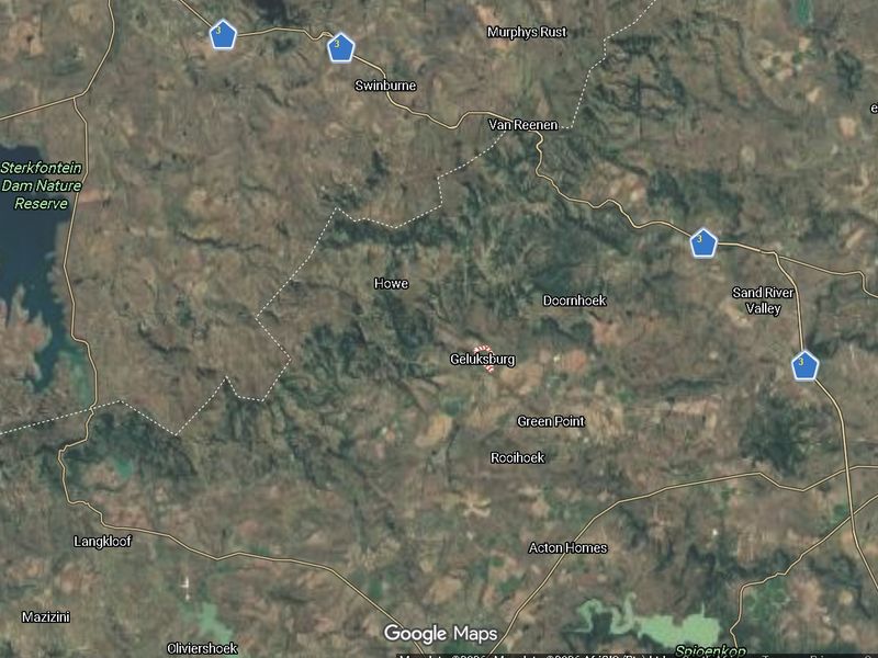 An aerial map view showing the regional landscape and surrounding areas near Geluksburg.