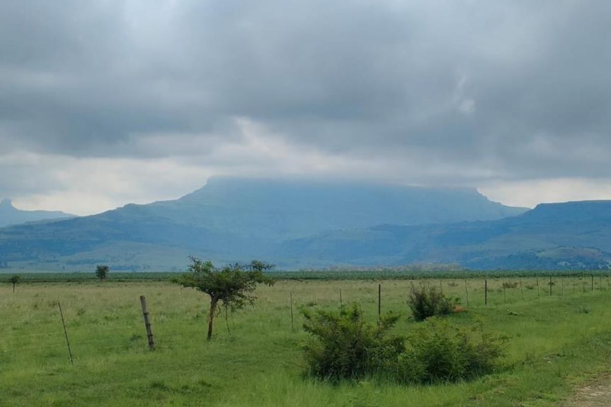 A scenic landscape view of open farm fields and distant mountains under a cloudy sky, featuring a wire boundary fence.