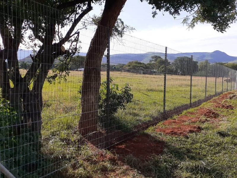 A view of the farm property boundary featuring newly installed wire mesh fencing with metal posts, set against a backdrop of open fields and mountains.