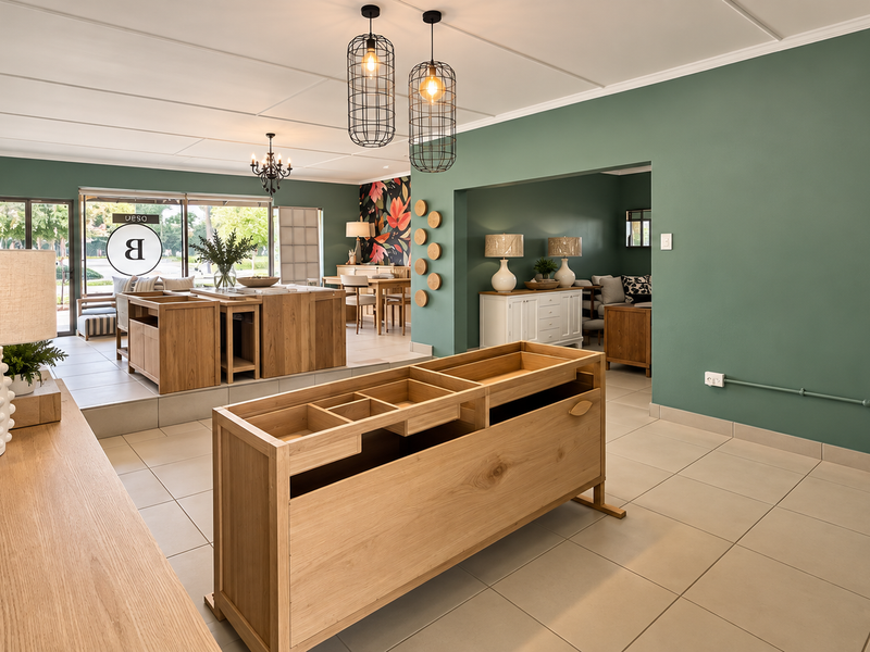 Spacious open-plan commercial showroom featuring tiled flooring, modern pendant lighting, and large glass sliding doors providing ample natural light.