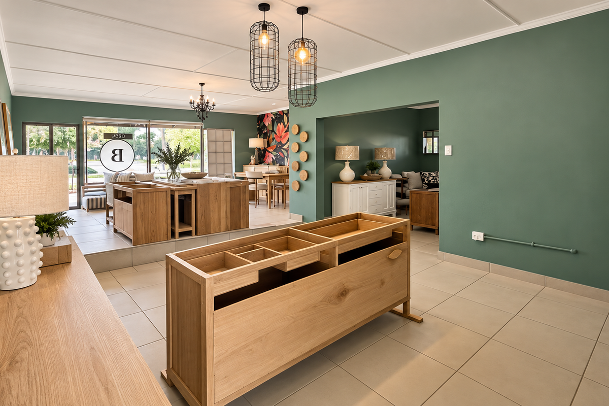Spacious open-plan commercial showroom featuring tiled flooring, modern pendant lighting, and large glass sliding doors providing ample natural light.