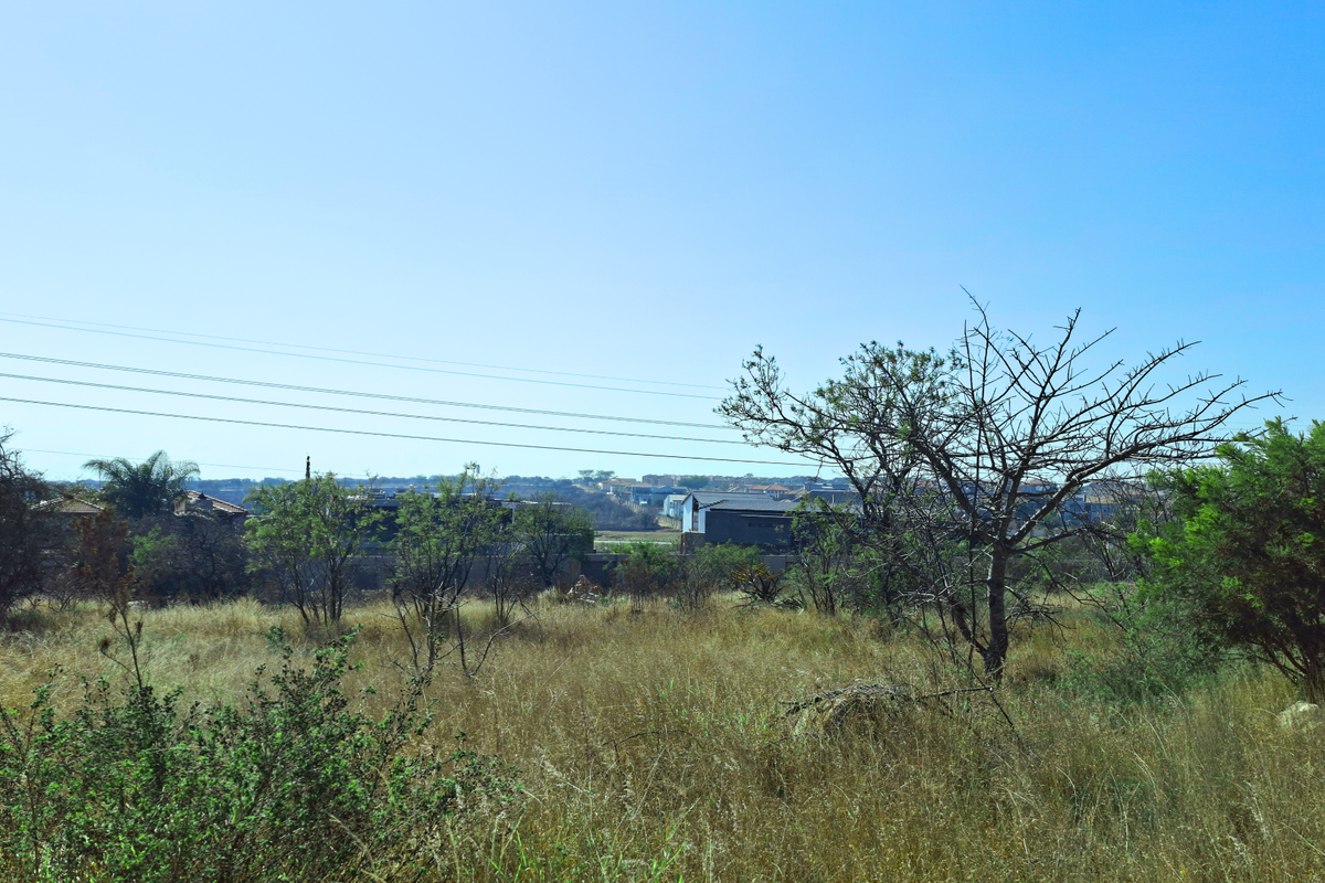 A view of the vacant commercial land featuring natural vegetation and overhead power lines with surrounding residential development in the distance.