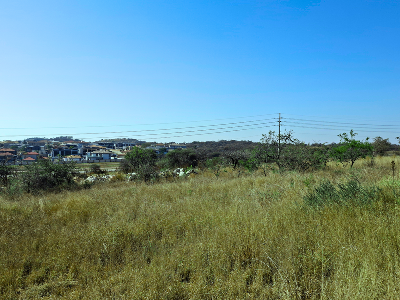 A wide-angle view of the vacant commercial land featuring natural vegetation and overhead power lines with a residential area visible in the distance.