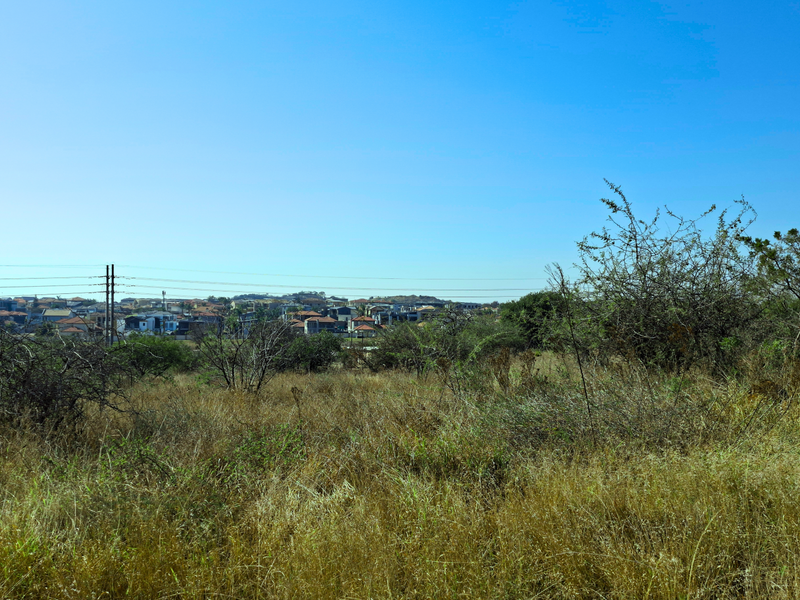 A view of the vacant commercial land with surrounding residential development and overhead power lines visible in the distance.