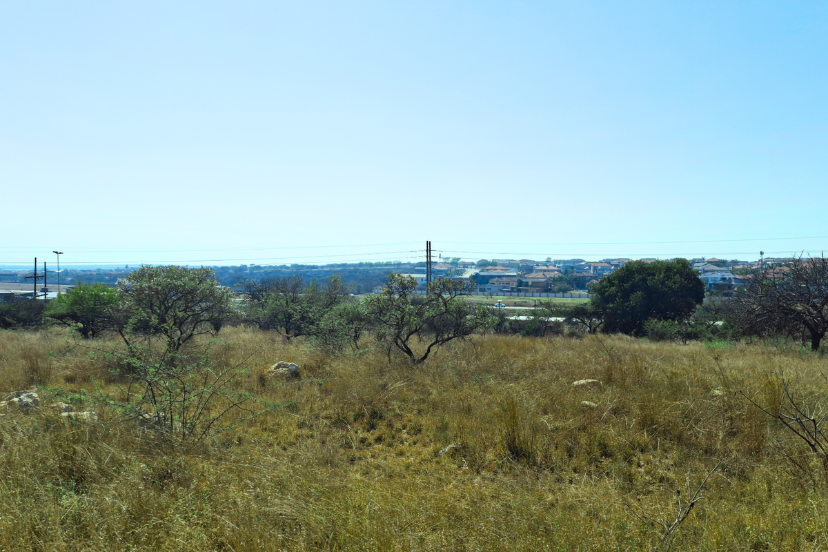 A wide-angle view of a vacant commercial land plot featuring natural vegetation and distant residential development under a clear sky.