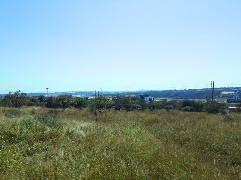A wide-angle view of the vacant commercial land, featuring natural vegetation and distant utility infrastructure under a clear sky.