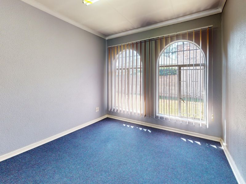 An empty bedroom featuring blue carpeting, coved ceilings, and two large arched windows with vertical blinds, offering a bright and neutral space.