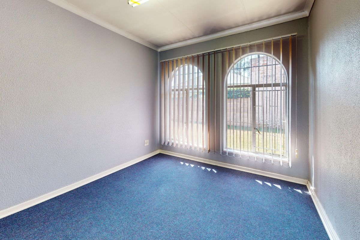 An empty bedroom featuring blue carpeting, coved ceilings, and two large arched windows with vertical blinds, offering a bright and neutral space.