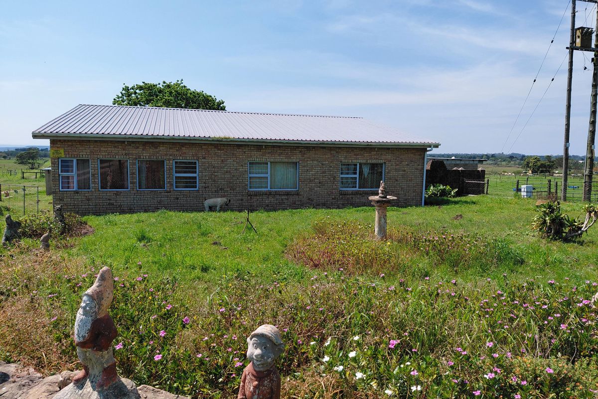 Rear view of a single-story brick farmhouse with a corrugated metal roof, set within a large rural garden area.