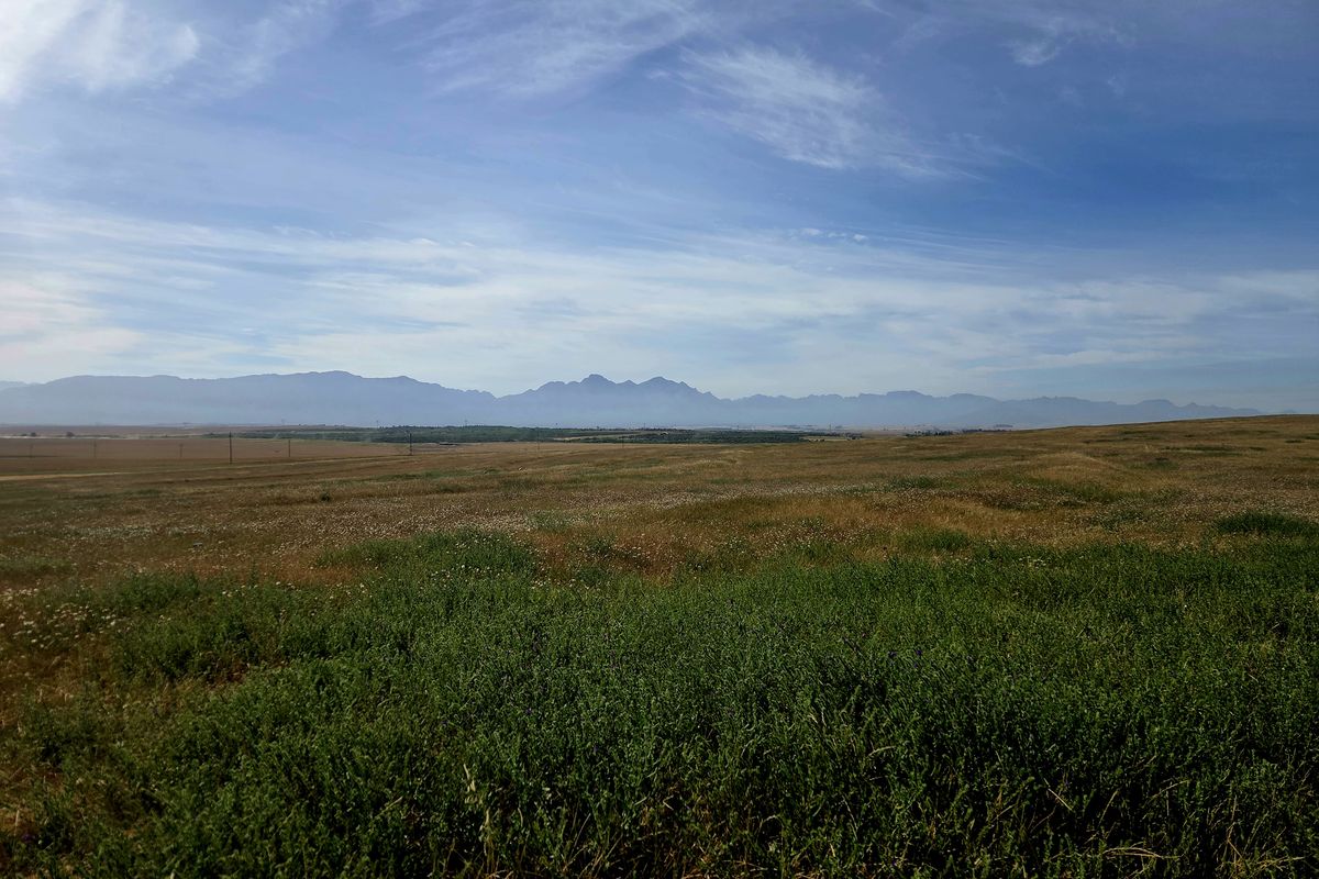 Expansive panoramic view of the open farm landscape featuring rolling fields and distant mountain ranges under a clear blue sky.