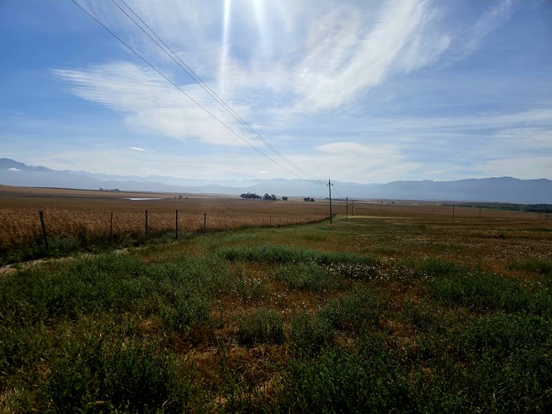 Expansive view of open farmland and fields with distant mountain ranges under a clear blue sky.