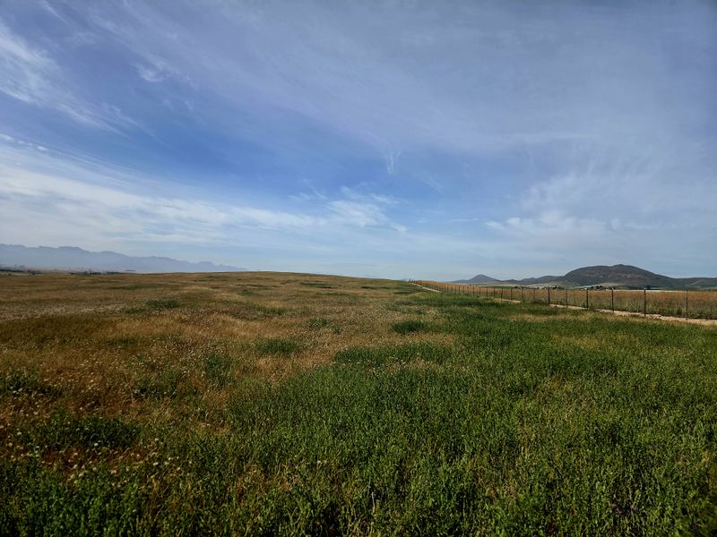 Expansive rural landscape view featuring open fields, natural vegetation, and distant mountain ranges, enclosed by perimeter wire fencing.