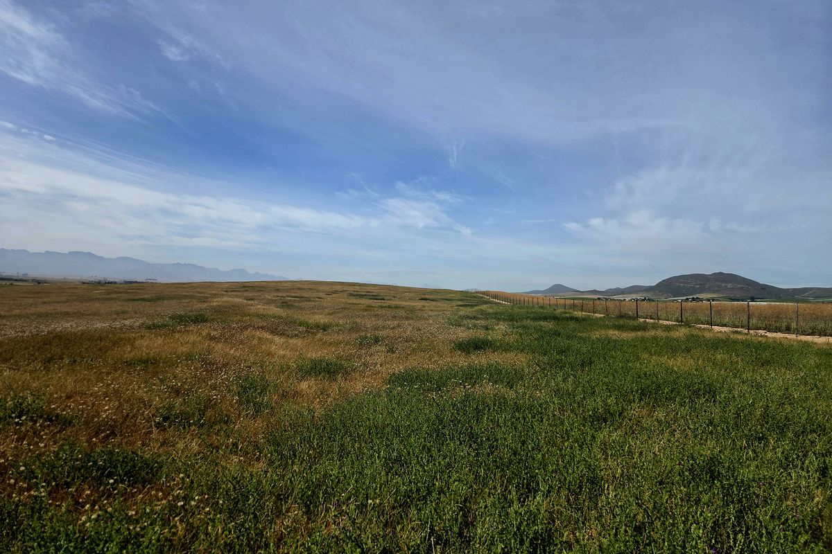Expansive rural landscape view featuring open fields, natural vegetation, and distant mountain ranges, enclosed by perimeter wire fencing.