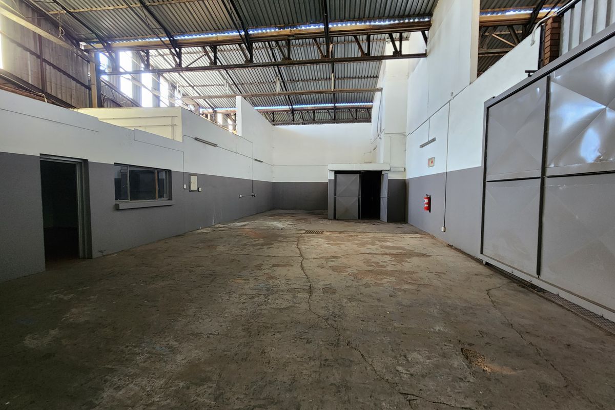 Spacious industrial utility area featuring high exposed steel roof trusses, concrete flooring, and functional metal access doors.