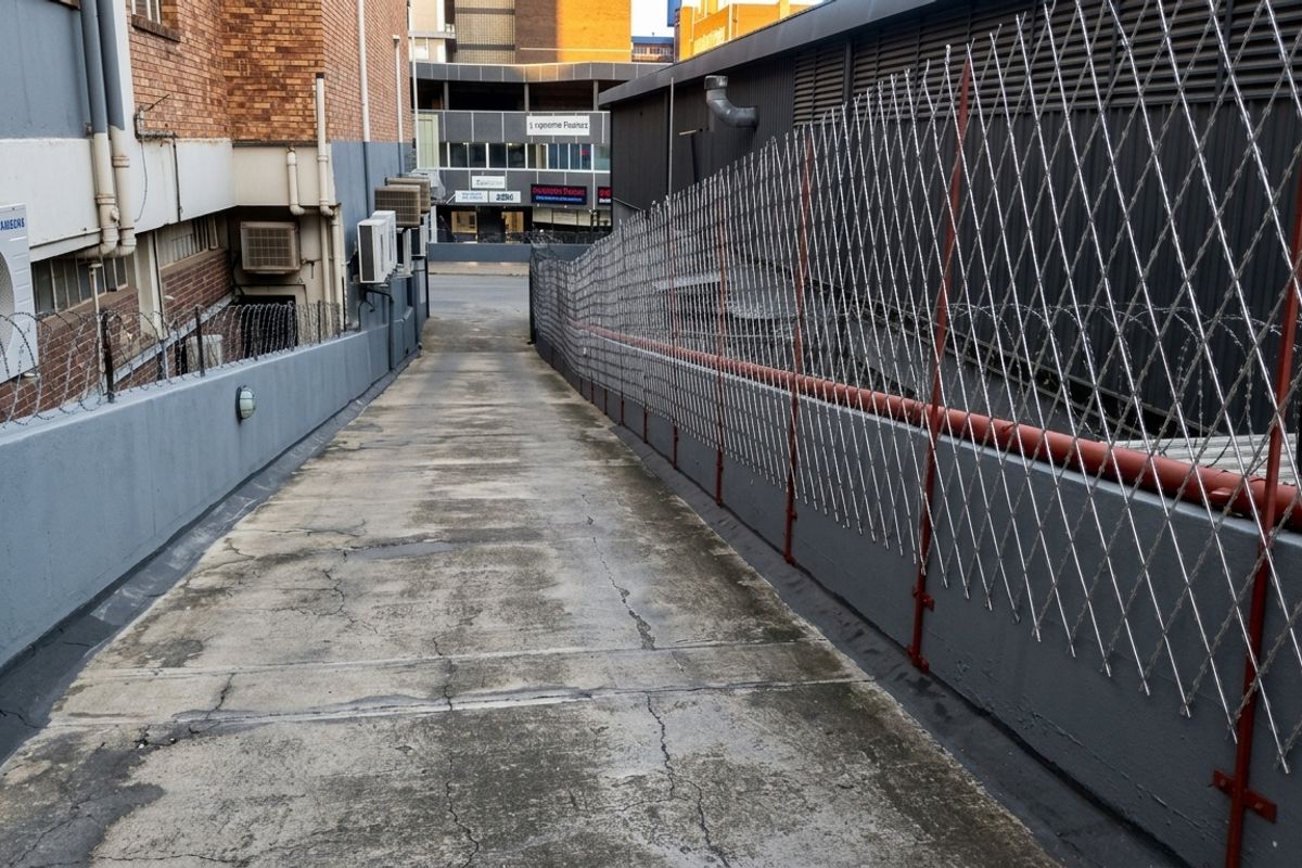 A narrow concrete driveway or service alleyway featuring security fencing, razor wire, and exterior wall-mounted air conditioning units.