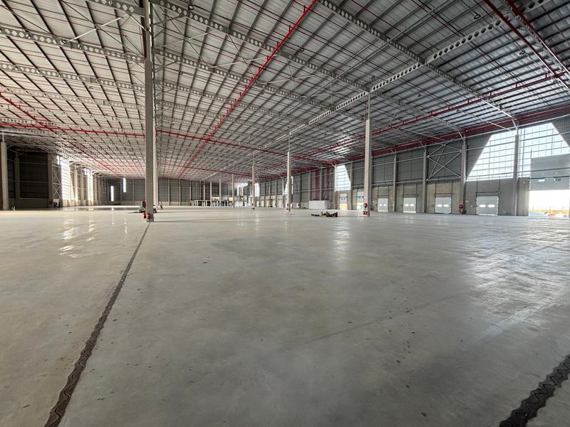Expansive industrial warehouse space featuring high ceilings, polished concrete flooring, integrated fire sprinkler systems, and multiple roller shutter doors for efficient logistics access.