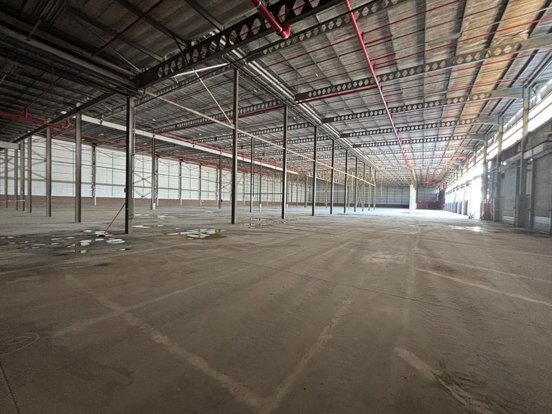 Large open-plan industrial warehouse space featuring high ceilings with exposed steel trusses, fire sprinkler system, and durable concrete flooring.