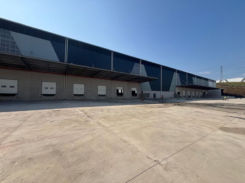 Large industrial warehouse exterior featuring multiple loading docks with dock levelers, a spacious concrete yard, and modern metal cladding.