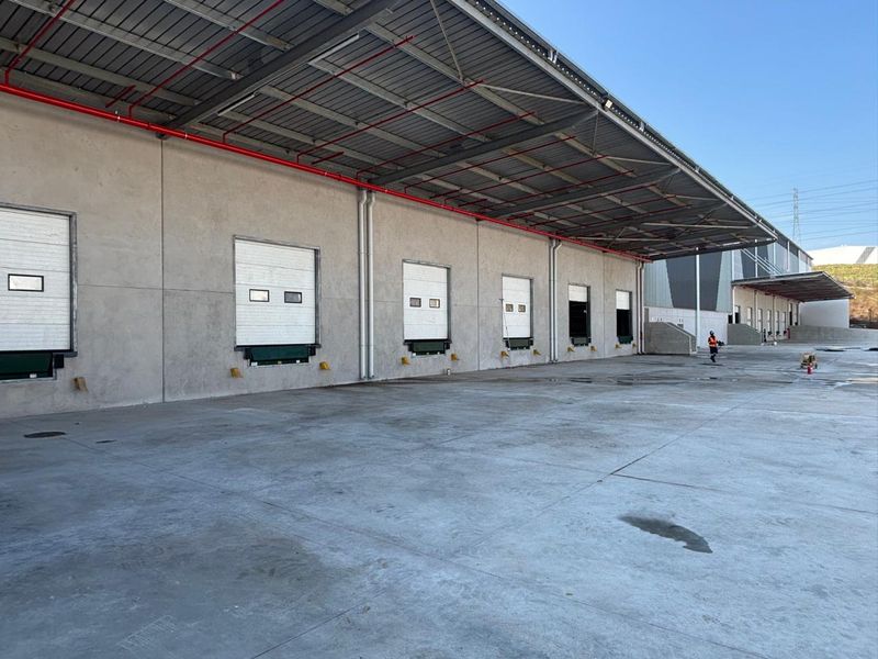 Industrial warehouse exterior featuring multiple loading docks with roller shutter doors, dock levelers, and a large covered concrete loading apron.