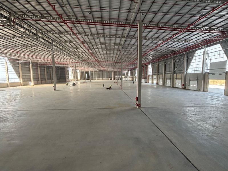 Expansive industrial warehouse space featuring high ceilings, polished concrete flooring, integrated fire sprinkler systems, and multiple roller shutter access points.