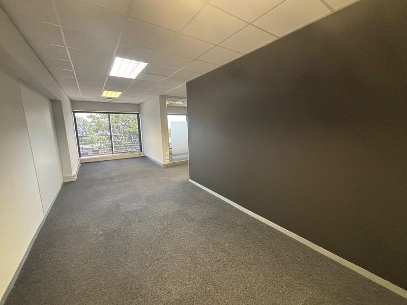 A spacious, empty office area featuring a modern dark accent wall, neutral carpeting, and a suspended ceiling with recessed lighting.