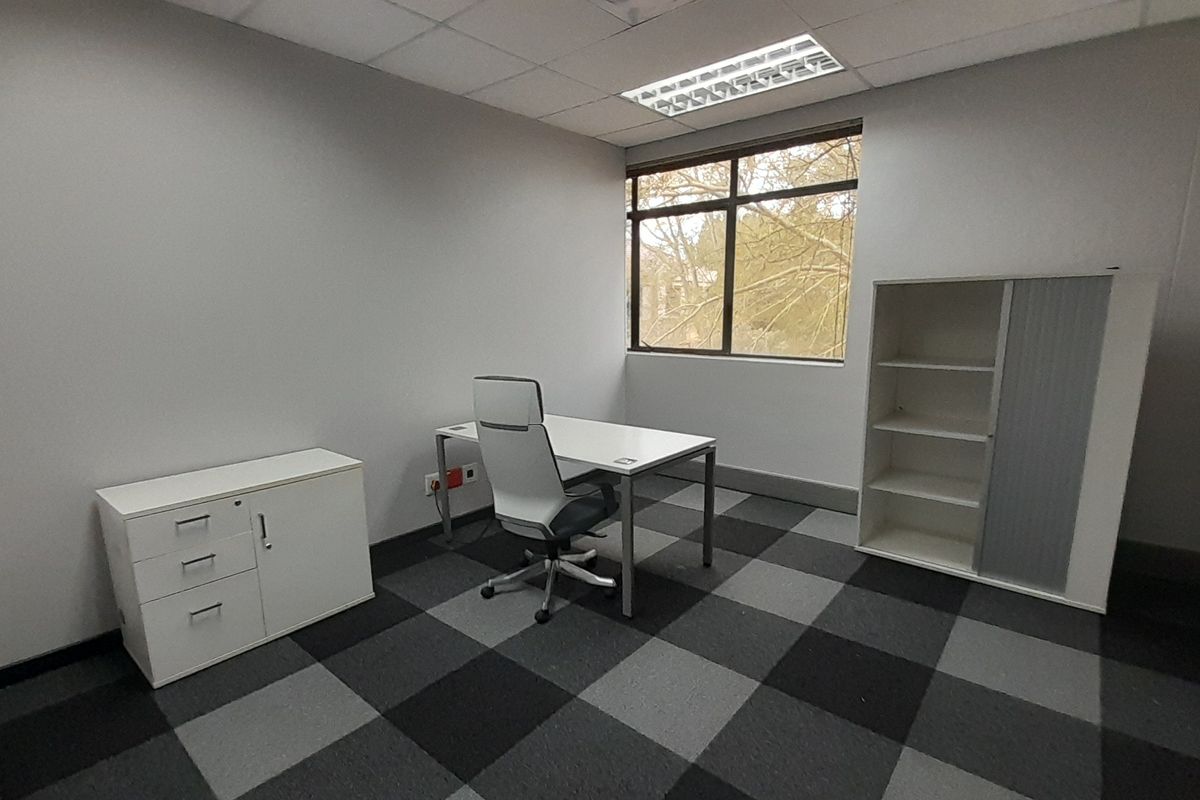 A functional office space featuring a suspended ceiling, recessed lighting, and a checkered carpet tile floor with a large window providing natural light.