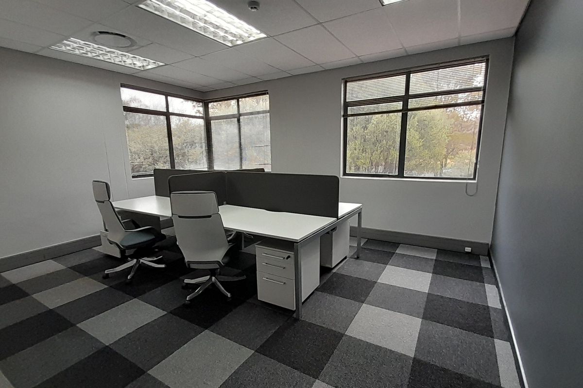 A professional office space featuring carpeted flooring, suspended ceilings with recessed lighting, and large windows providing natural light.