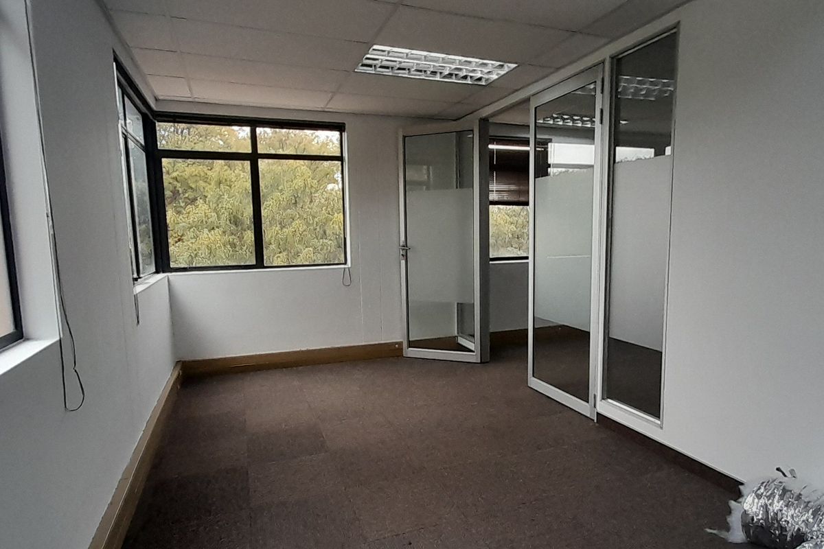 An empty office space featuring carpet tiles, suspended ceilings with recessed lighting, and glass partitioning, offering a bright and professional work environment.