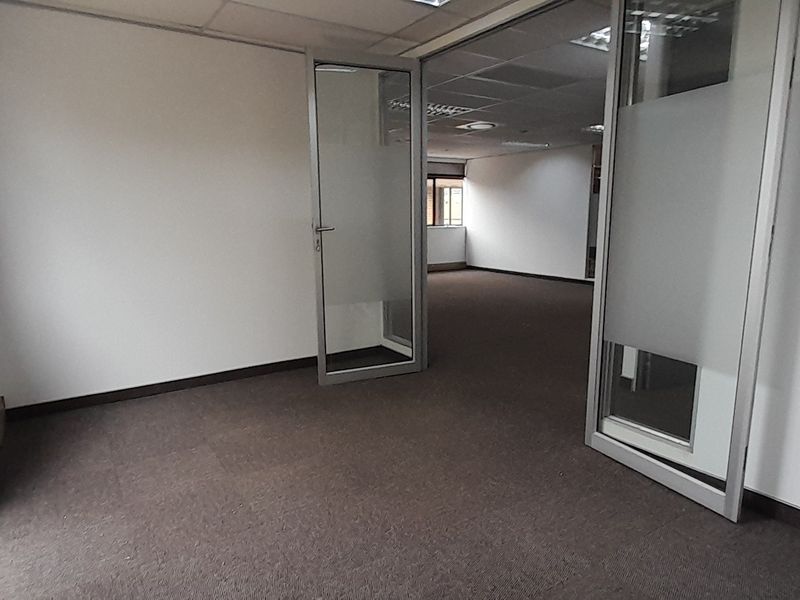 An empty office space featuring carpeted flooring, suspended ceilings, and glass partition doors, offering a clean and professional layout for a workspace.