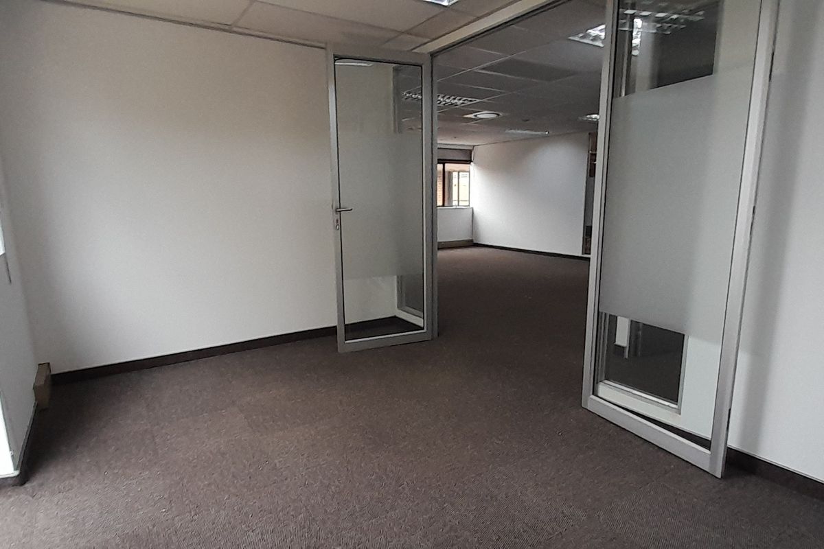 An empty office space featuring carpeted flooring, suspended ceilings, and glass partition doors, offering a clean and professional layout for a workspace.